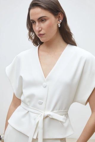 White Tie Waist Blouse for Women | V-Neck Work Top