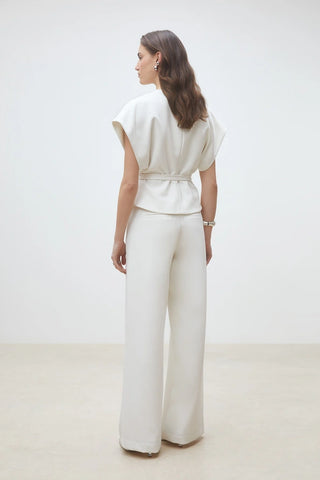 Cream Tie Waist Blouse for Women | V-Neck Work Top