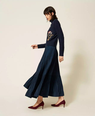 Long Pleated Taffeta Maxi Skirt