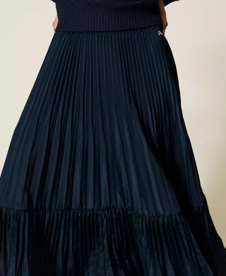 Long Pleated Taffeta Maxi Skirt