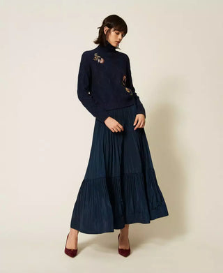 Long Pleated Taffeta Maxi Skirt
