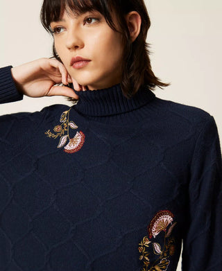 Floral Embroidered Wool Turtleneck Sweater