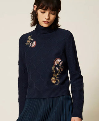 Floral Embroidered Wool Turtleneck Sweater