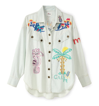Blue Embroidered Button Down Shirt – Statement Casual & Vacation Top