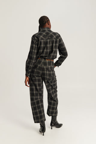 full body Back view of ME369 Heritage plaid shirt with embroidered back yoke