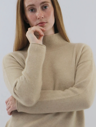 Women’s Gemma neutral Mongolian cashmere mock neck sweater in 100% organic cashmere