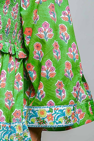 Green Floral Off Shoulder Smocked Mini Dress