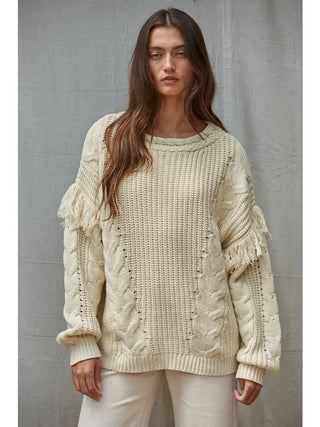 Cable Knit Fringe Pullover Sweater