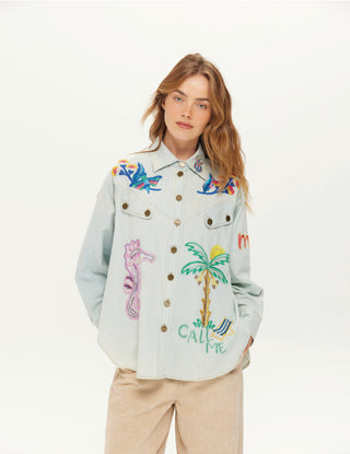Blue Embroidered Button Down Shirt – Chic Spring Statement Blouse