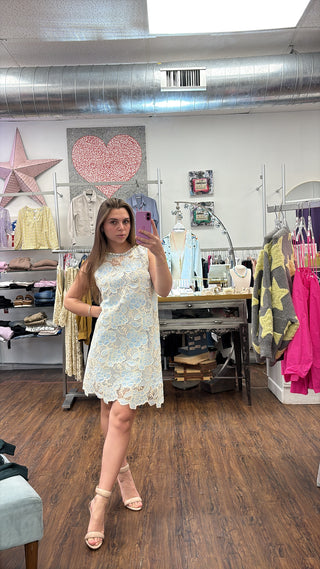 Blue Lace Mini Dress Outfit – Bridal Shower & Event Look