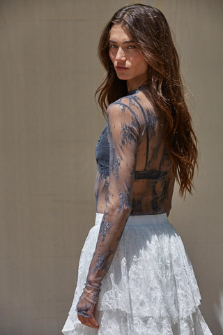 Knit Jacquard Lace Long Sleeve Mock Neck Top