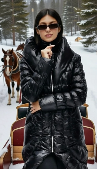 Back view of Ciao Milano Coco puffer coat showing ruffled back detailing