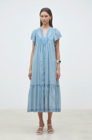 Cotton Midi Dress Blue Button Front Flowy Summer Dress
