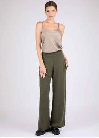 Women’s Hakuba moss green Mongolian cashmere wide leg pants with a high ribbed waistband and side pockets