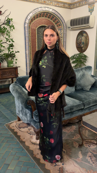 Rose print maxi dress styled with black shawl