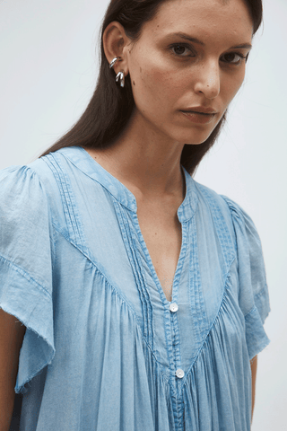 Cotton Midi Dress Blue Button Front Flowy Summer Dress