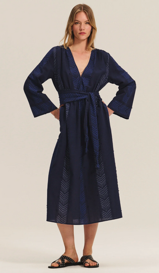 Indigo Cotton Jacquard Midi Dress – Belted Everyday & Travel Dress
