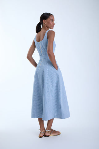 Light Wash Denim Belted Square Neck Maxi Dress