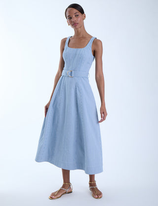 Light Wash Denim Belted Maxi Dress