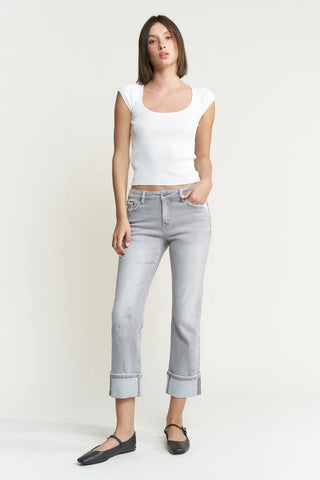 Light Grey Wash Mid Rise Cuffed Straight Leg Jeans