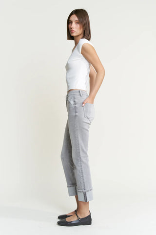 Light Grey Wash Mid Rise Cuffed Straight Leg Jeans