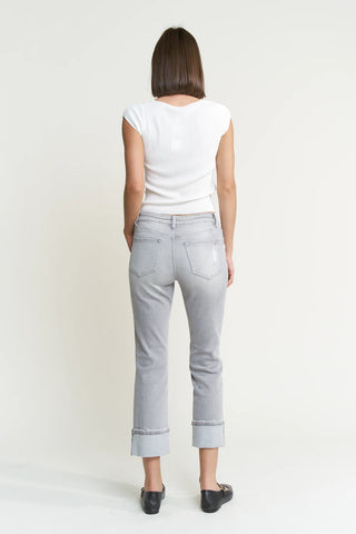 Light Grey Wash Mid Rise Cuffed Straight Leg Jeans