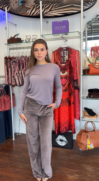 Women’s Pepper Grey velour wide leg pants with a relaxed full-length silhouette