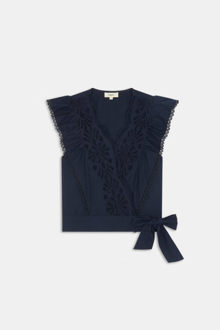 Navy Eyelet Wrap Top