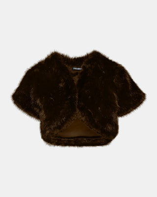 Close-up of plush faux fur texture on Steve Madden Jalen Bolero