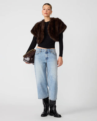 Woman wearing Steve Madden Jalen Faux Fur Bolero with cropped silhouette
