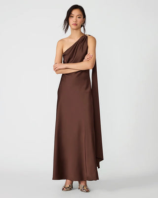 Aurorah one-shoulder maxi dress featuring gold-tone shoulder hardware, a dramatic back scarf drape and fluid floor-length silhouette.