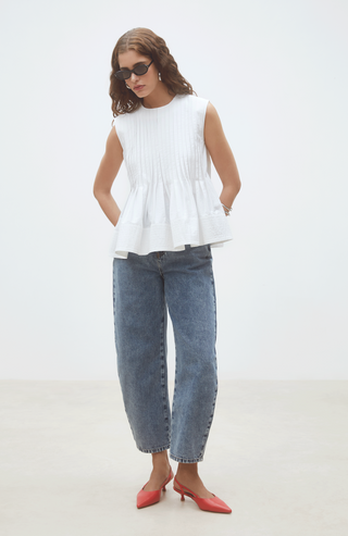 White Pleated Poplin Sleeveless Top – Chic Spring Blouse