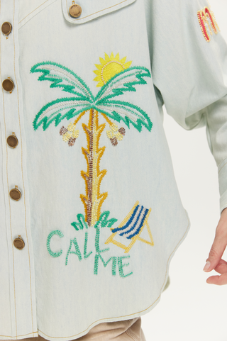 Blue Embroidered Button Down Shirt – Statement Casual & Vacation Top
