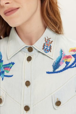 Blue Embroidered Button Down Shirt – Statement Casual & Vacation Top