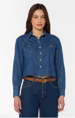 Cropped Denim Button Down Shirt – Blue Casual Everyday Top