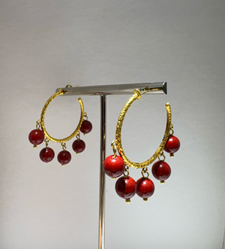 Red Beaded Gold Hoop Earrings