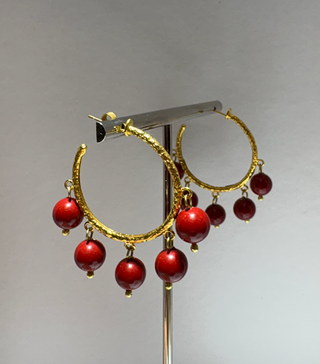 Red Beaded Gold Hoop Earrings