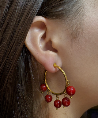 Red Beaded Gold Hoop Earrings