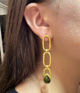 Green Stone Gold Link Drop Earrings