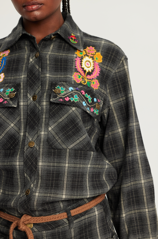 Up close Front view of ME369 floral embroidered plaid button-down shirt