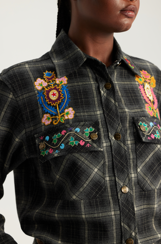 up close detailing on plaid shirt 