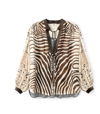 Product view of ME369 Rona zebra print shirt with contrasting printed sleeves