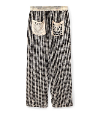 Back product view of ME369 Bailey pants with hand-lettered patch pockets