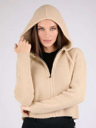 Woman wearing Verbier Mongolian cashmere zip-up hoodie in ribbed knit