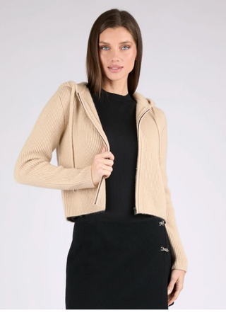 Side and back view of Verbier cashmere hoodie with waist-length silhouette
