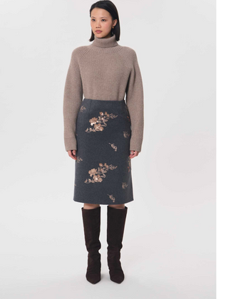Front view of Jacob floral print wool-blend midi skirt