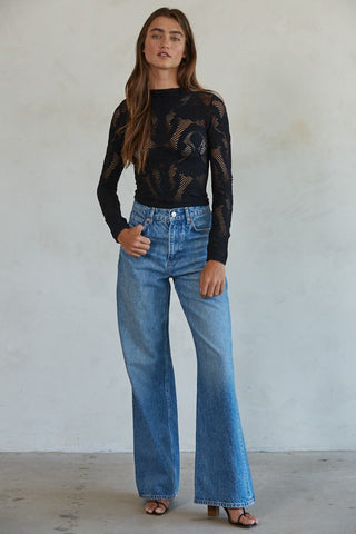 Sheer Fishnet Mock Neck Top – Seamless Long Sleeve