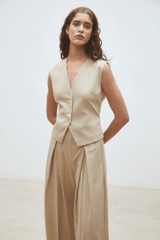 Beige Tailored Vest Top – Chic Button Front Waistcoat Top