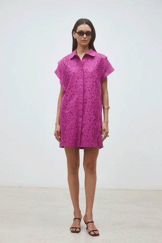 Fuchsia Eyelet Mini Shirt Dress – Summer Vacation Dress