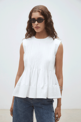 White Pleated Peplum Sleeveless Top – Chic Spring Blouse